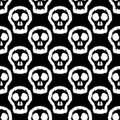White skulls isolated on black background. Cute monochrome seamless pattern. Cartoon sketch. Hand drawn vector flat graphic illustration. Texture.