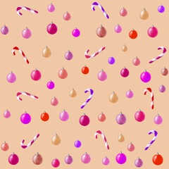 Sweet pink. Bright decorations. Delicious and colorful. Pattern candy cane and balls ornaments. Christmas decorations. Seamless pattern winter illustration