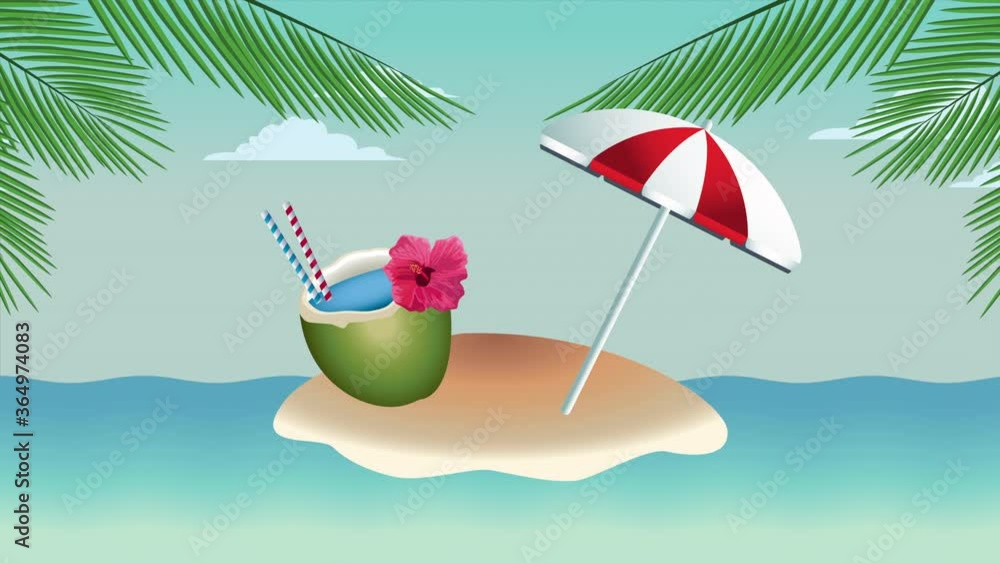 Poster hello summer holiday poster with coconut cocktail and umbrella