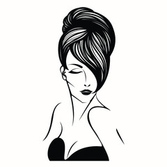 Beautiful woman with elegant makeup and hairstyle.Young lady portrait.Cosmetics and spa icon.Hair salon and beauty studio logo.Retro hair bun.