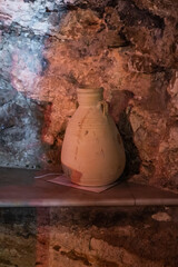 The clay jug stands on a shelf in the Stella Maris Monastery which is located on Mount Carmel in Haifa city in northern Israel