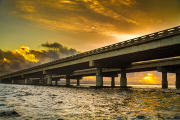 Blue water Bay Bridge sunset