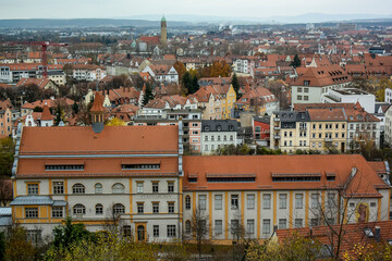 View of traditional houses with typical red tiled rooftops in Bamberg, Bavaria, Franconia, Germany....
