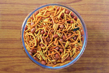 Glass bowl of Payyoli Mixture (Kerala Snacks)