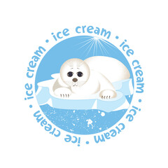 A baby seal on an ice floe in the Arctic. Vector template for ice cream labels with a cartoon character.