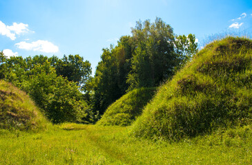 Fototapeta premium Fantastic landscape with meadow and beautiful hills covered with lush green grass