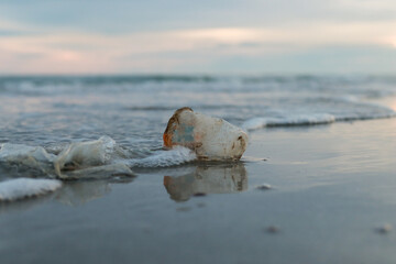 Plastic water bottles, garbage, pollution, left on the beach Environmental protection (Environmental concept Natural treatment)