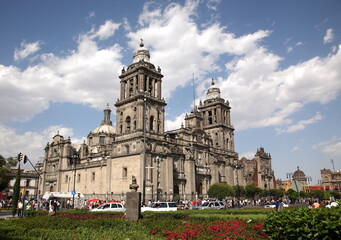 View of Metropolitan cathedral under blue sky at Zocalo square in Mexico city, Mexico