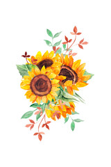 Beautiful flower bouquet with sunflowers for your design. Hand painted illustration on a white background.  Can be used for wedding invitations, greeting cards, birthdays and baby cards.