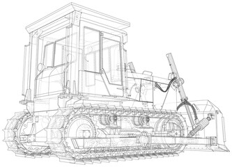 Fototapeta premium Large bulldozer. Vector Wire-frame isolated excavator on background. Vector rendering of 3d.