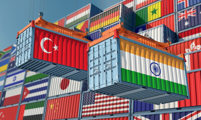 Freight containers with India and Turkey flag. 3D Rendering 