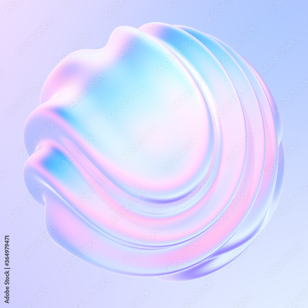 Aufkleber Liquid metal 3D shape design element. Fluid gradient shape with waves and ripples. Bright iridescent holographic foil. 3d rendering.