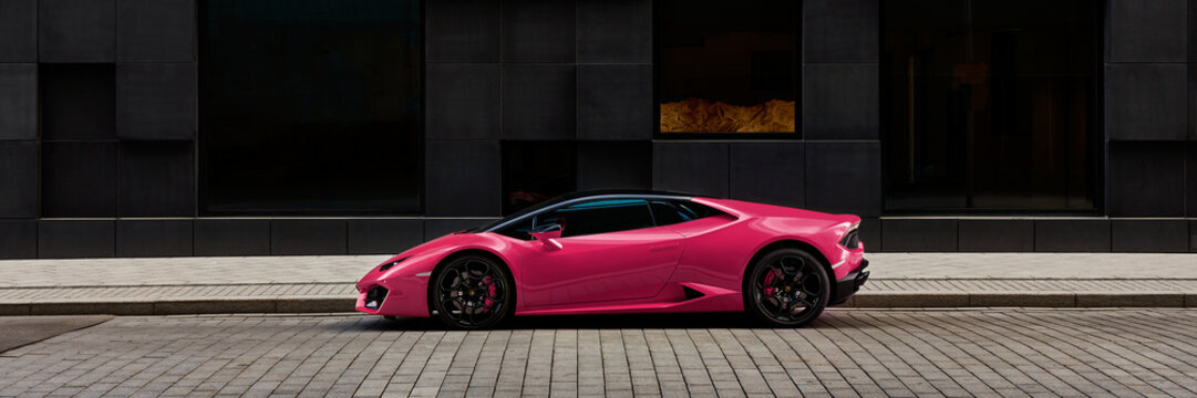 Oslo / Norway, 06.03.2016: Pink Lamborghini Huracan In Front Of Office Building On Wismargata Street.