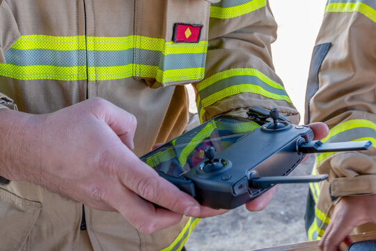 San Rafael, Argentina, July 14, 2020: firefighter operating drone in search and rescue.