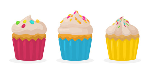 Set of colorful cupcakes isolated on white background.