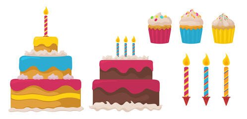 Birthday set of desserts. Birthday cakes with candles. Sweet colorful cupcakes. Isolated on white background. 