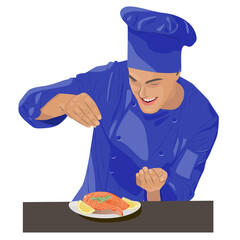 Smiling and happy chef. Chef is cooking fish