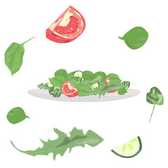 Salad on white plate. salad includes tomato, cucumber, arugula, spinach