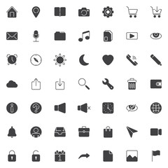 Basic UI vector icons set, modern solid symbol collection, filled style pictogram pack. Signs, logo illustration. Set includes icons as call, message, settings gear, document folder, notification