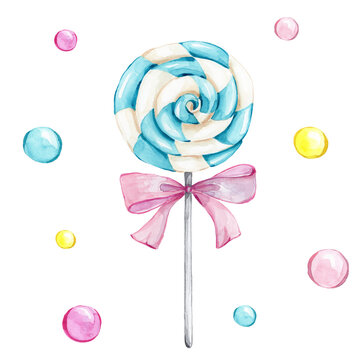 Blue lollipop and pink bow and colorful circles; watercolor hand draw illustration; can be used for cards or posters; with white isolated background