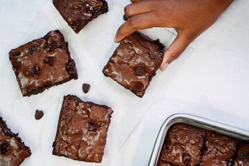 Homemade chewy fudge chocolate brownies, selective focus