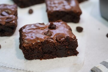 Homemade chewy fudge chocolate brownies, selective focus