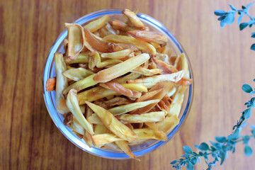 Top view of glass bowl with jackfruit chips