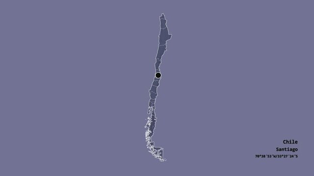 Arica y Parinacota, region of Chile, with its capital, localized, outlined and zoomed with informative overlays on a administrative map in the Stereographic projection. Animation 3D