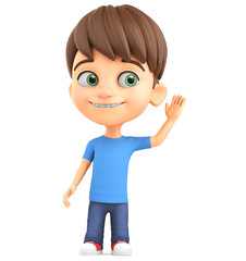 Illustration for advertising. Cheerful cartoon character little boy eavesdrops on a white background. 3d render illustration.