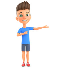 Illustration for advertising. Cheerful cartoon character guy points to a blank space on a white background. 3d render illustration.