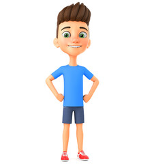 Illustration for advertising. Funny cartoon character guy with hands on hips on white background. 3d render illustration.