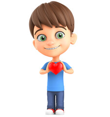 Illustration for advertising. Cheerful cartoon character a little boy gives a heart on a white background. 3d render illustration.