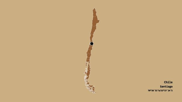 Arica y Parinacota, region of Chile, with its capital, localized, outlined and zoomed with informative overlays on a solid patterned map in the Stereographic projection. Animation 3D