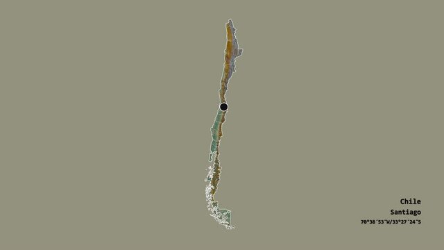 Arica y Parinacota, region of Chile, with its capital, localized, outlined and zoomed with informative overlays on a relief map in the Stereographic projection. Animation 3D