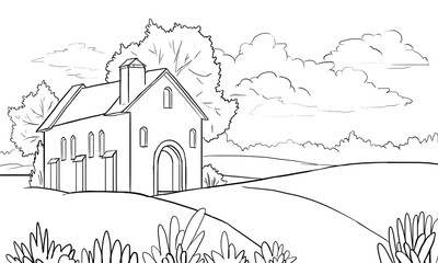 Vector house in the valley - coloring page