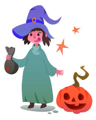 Girl in a witch costume with a bag for sweets. Girl in a hat, pumpkin and stars. Happy halloween character. Vector illustration for any use.