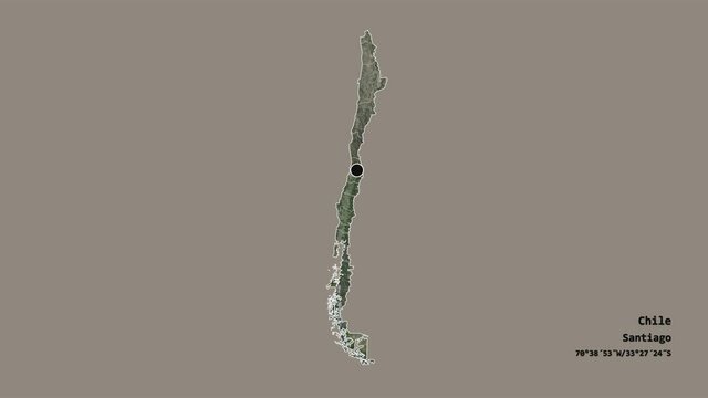 Arica y Parinacota, region of Chile, with its capital, localized, outlined and zoomed with informative overlays on a satellite map in the Stereographic projection. Animation 3D