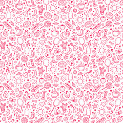 Cute Summer Seamless pattern. Sweet Food Vector Background. Hand Drawn Doodle Candies, Fruits, Berries