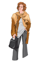 Smiling woman in black pants, white t-shirt, brown jacket and scarf with a black handbag