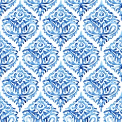 Foto op Plexiglas Seamless blue and white watercolor pattern. Ogee ornament drawn by paints on paper. Print for textiles, home decor, packaging. Bohemian fashionable ornament. © flovie