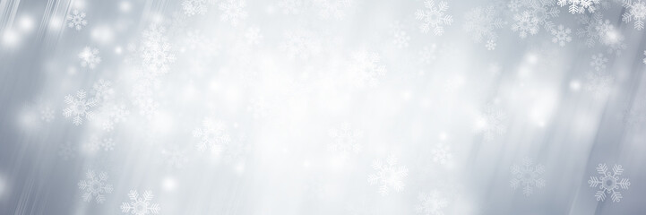 wide white and gray Christmas light with snowflake bokeh background, Winter backdrop wallpaper.