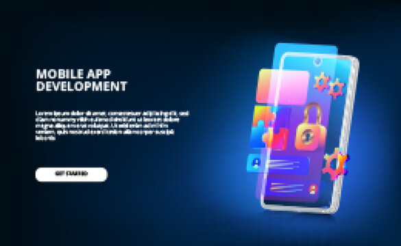 modern mobile app development with screen ui design, padlock, and gear system with neon gradient color and 3D smartphone with glow screen.