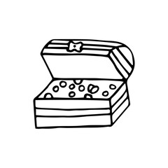 A wooden chest filled with gold treasure. Vector black and white coloring book page. Drawn by hand in doodle style. Treasure Island.