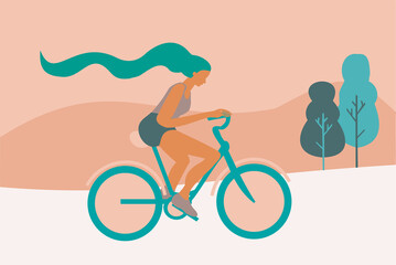 Illustration of a woman riding a bicycle. Exercise and eco friendly transport