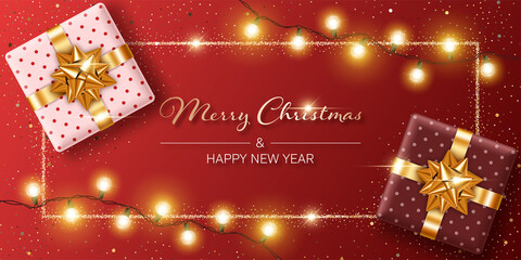 Christmas background with gift boxes and lights garlands. Design element for greeting card, party invitation or banner