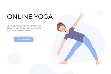 The girl does yoga in the video. Yoga classes online. Vector illustration in a flat style. Woman in asana. Concept for website design of online yoga courses. Neutral colors.