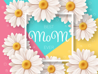 Obraz premium Happy Mothers day background with daisy flowers. Greeting card, invitation or sale banner template