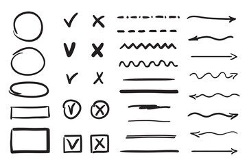 Hand drawn doodles. Infographic elements on isolated white background. Hand drawn signs. Black and white illustration