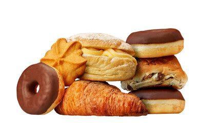 Donuts and pastries in a studio setting, isolated on white.