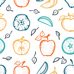 Outline Apple Fruit Colorful Background. Seamless Pattern with Hand Drawn Doodle Apples with Leaves and Apple Slices. Fruits Wallpaper. Healthy Summer Food Background
